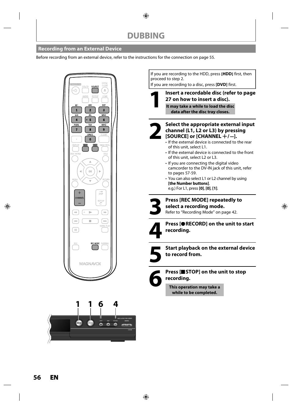 Recording from an external device | Philips MDR515H / F7 User Manual | Page 56 / 128