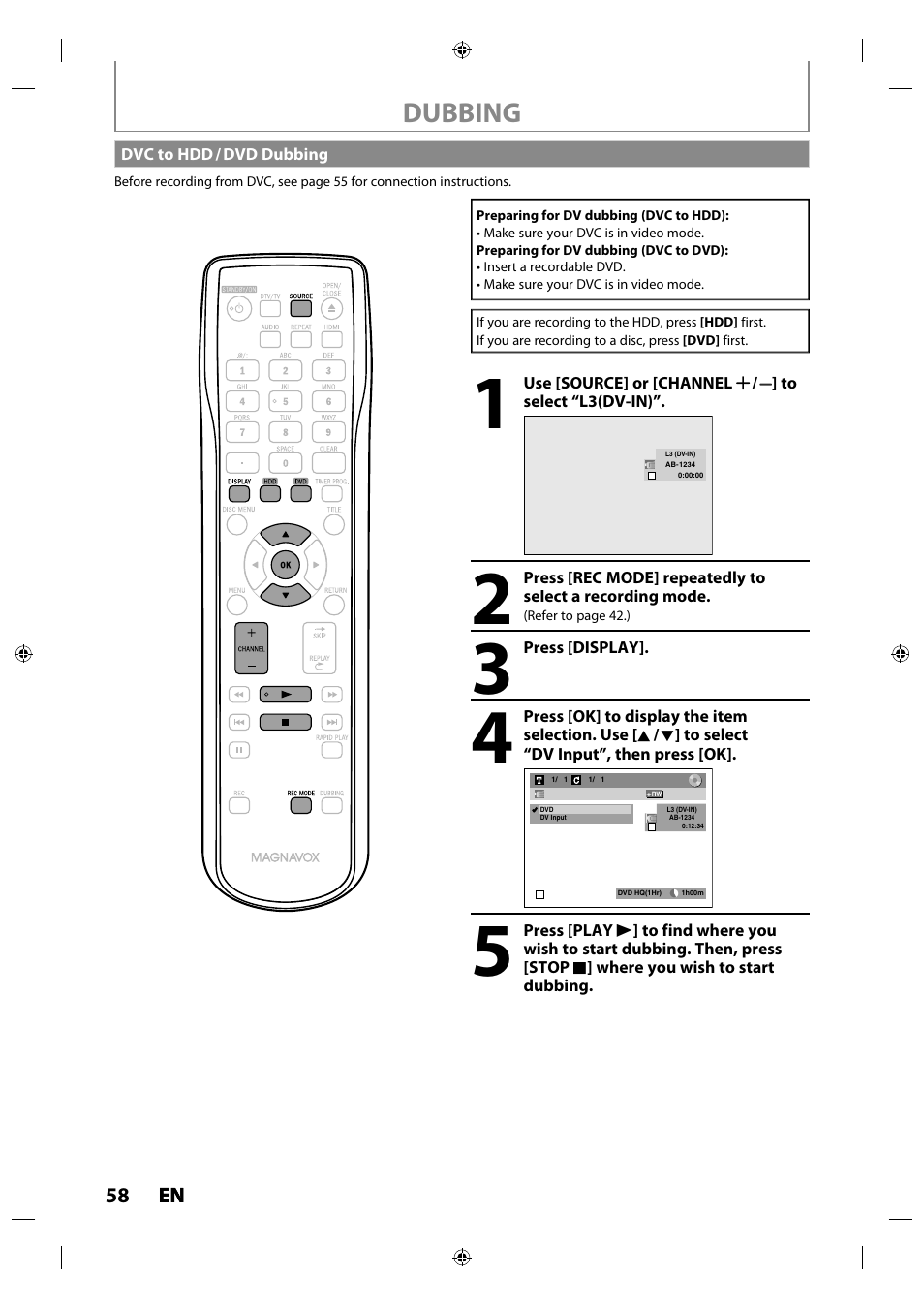 Dvc to hdd / dvd dubbing, Dubbing | Philips MDR515H / F7 User Manual | Page 58 / 128