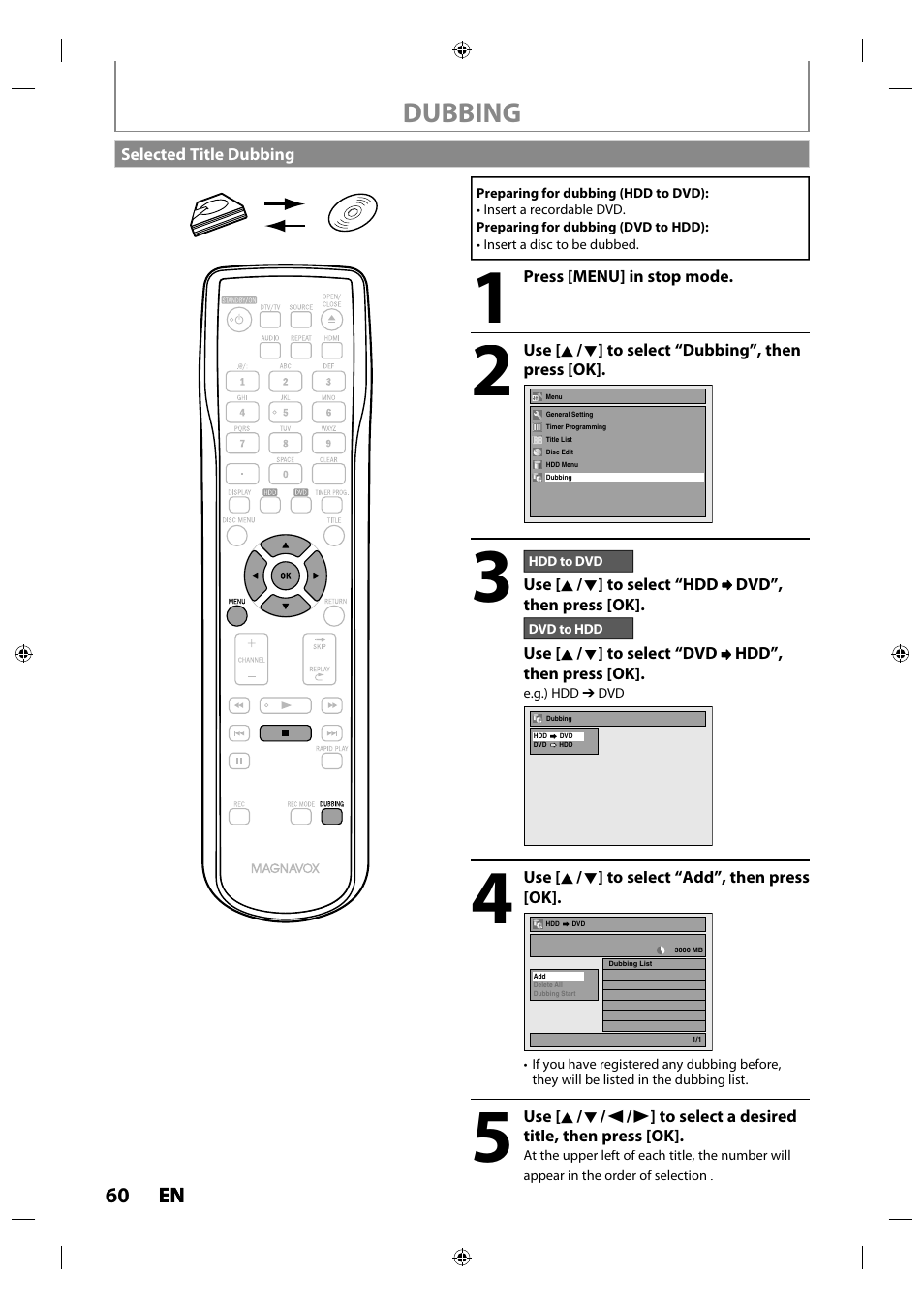 Selected title dubbing, Dubbing | Philips MDR515H / F7 User Manual | Page 60 / 128