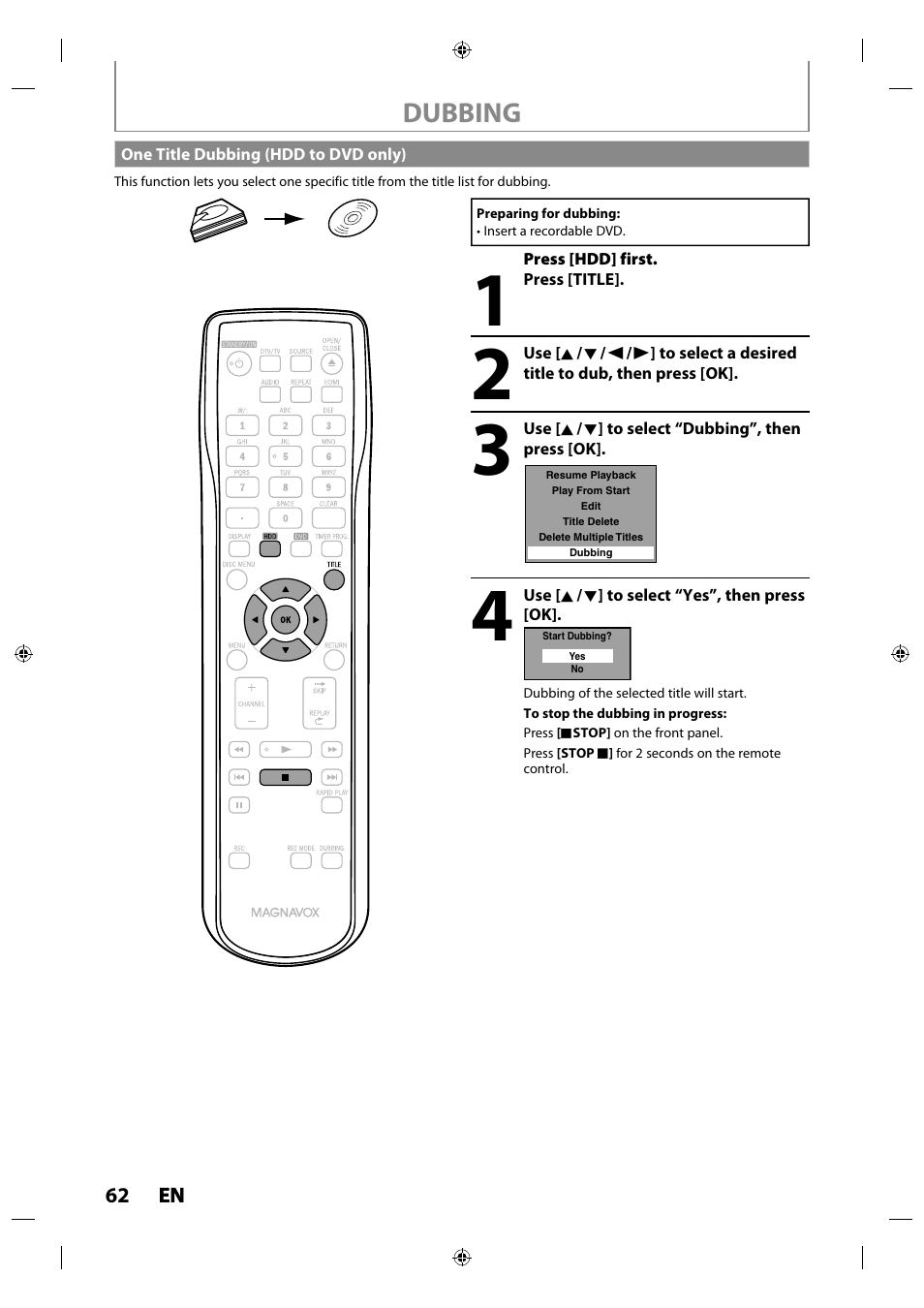 One title dubbing (hdd to dvd only), Dubbing | Philips MDR515H / F7 User Manual | Page 62 / 128