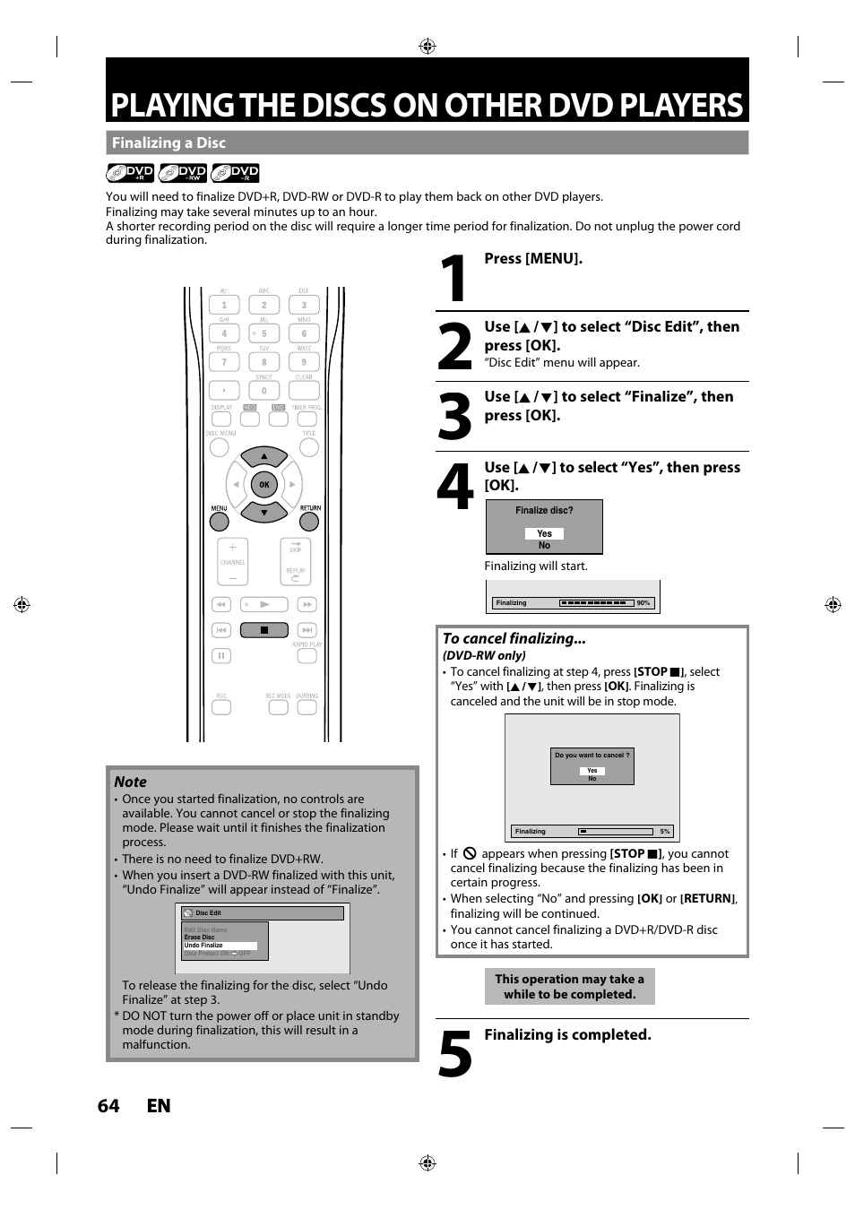 Playing the discs on other dvd players, Finalizing a disc | Philips MDR515H / F7 User Manual | Page 64 / 128