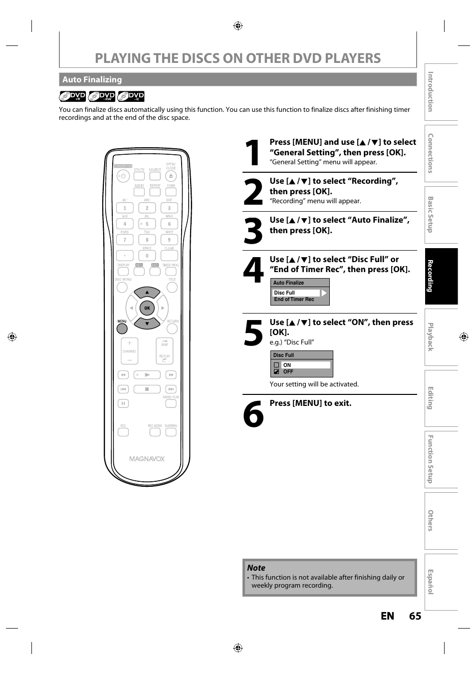 Auto finalizing, Playing the discs on other dvd players | Philips MDR515H / F7 User Manual | Page 65 / 128