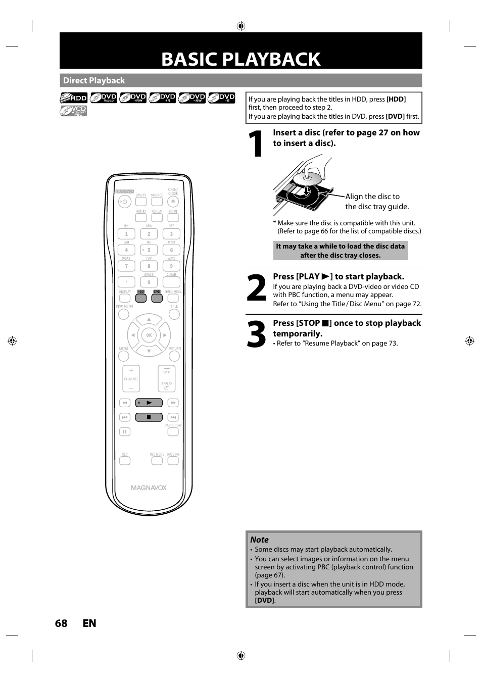 Basic playback, Direct playback | Philips MDR515H / F7 User Manual | Page 68 / 128