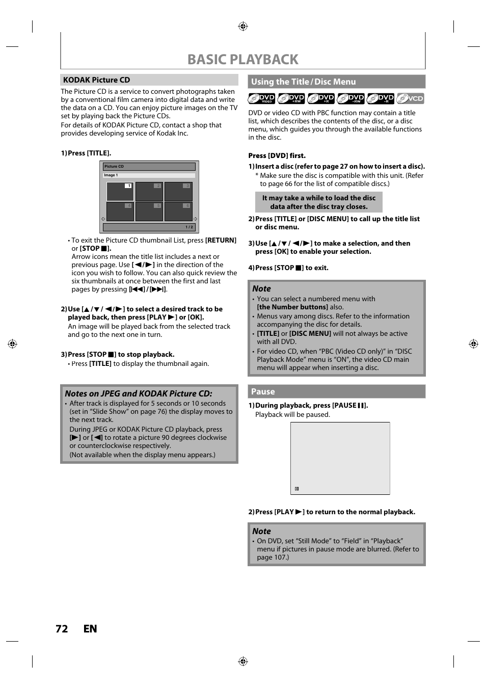 Using the title / disc menu, Pause, Basic playback | 72 en en | Philips MDR515H / F7 User Manual | Page 72 / 128