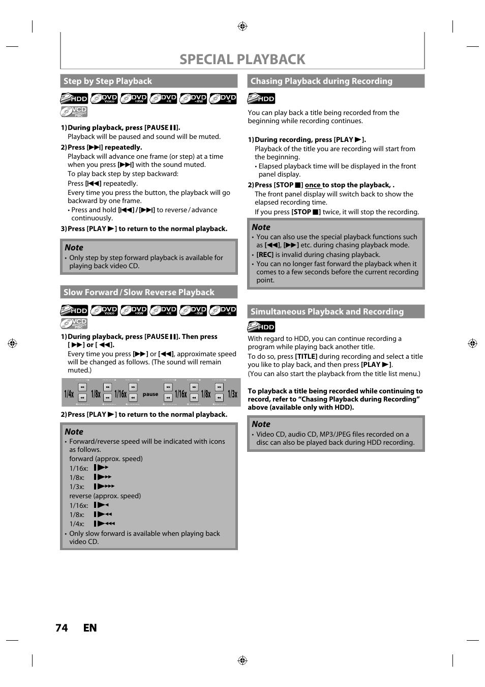 Step by step playback, Slow forward / slow reverse playback, Chasing playback during recording | Simultaneous playback and recording, Special playback, 74 en en, 1/8x | Philips MDR515H / F7 User Manual | Page 74 / 128