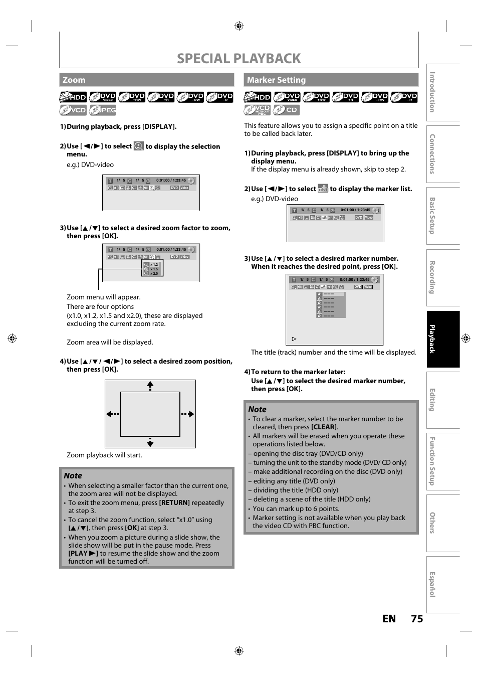 Zoom, Marker setting, Special playback | 75 en en, Zoom marker setting | Philips MDR515H / F7 User Manual | Page 75 / 128