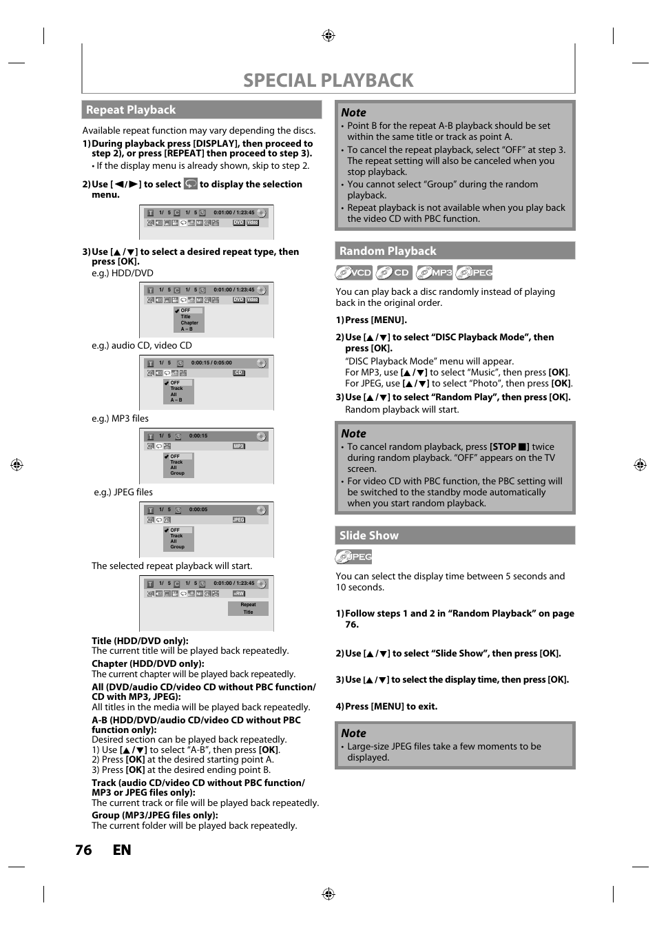 Repeat playback, Random playback, Slide show | Special playback, 76 en en, Repeat playback random playback slide show | Philips MDR515H / F7 User Manual | Page 76 / 128