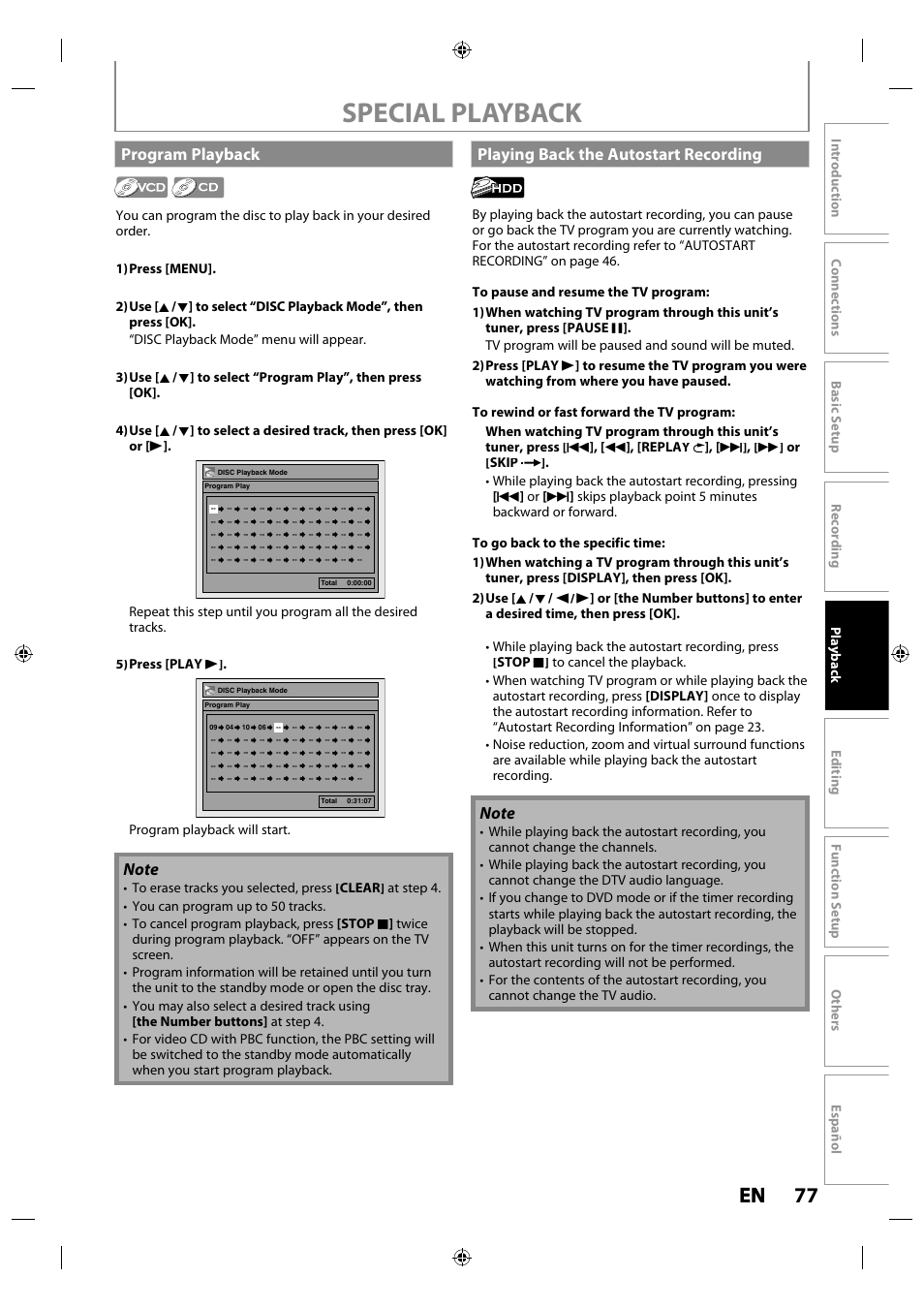 Program playback, Playing back the autostart recording, Special playback | 77 en en, Program playback will start | Philips MDR515H / F7 User Manual | Page 77 / 128