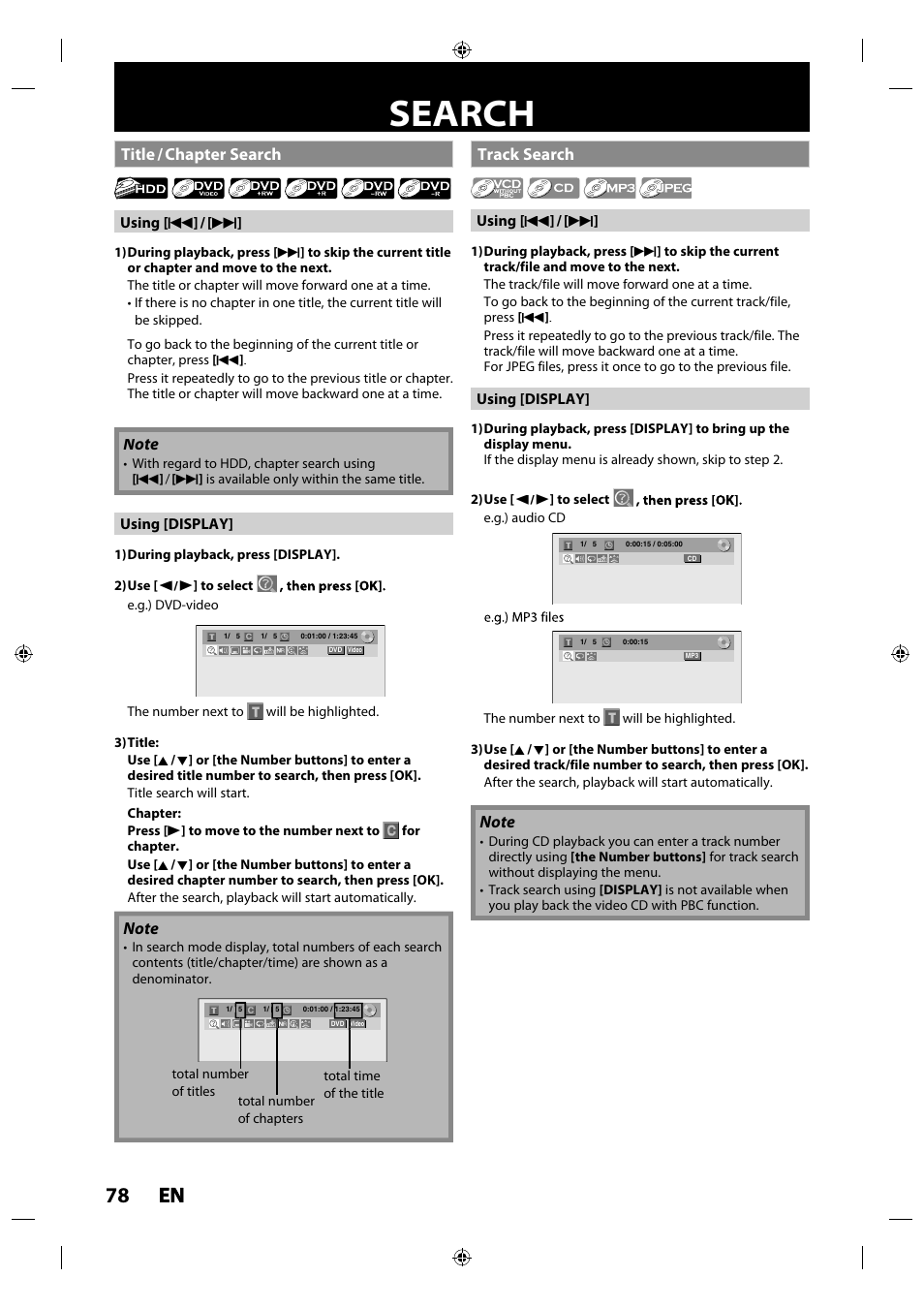 Search, Title / chapter search, Track search | 78 en en, Title / chapter search track search | Philips MDR515H / F7 User Manual | Page 78 / 128