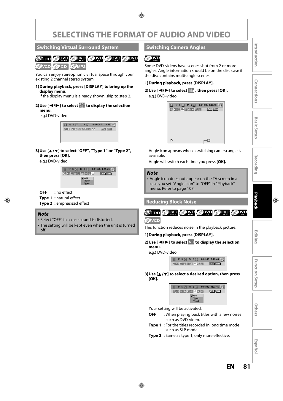 Switching virtual surround system, Switching camera angles, Reducing block noise | Selecting the format of audio and video, 81 en en | Philips MDR515H / F7 User Manual | Page 81 / 128