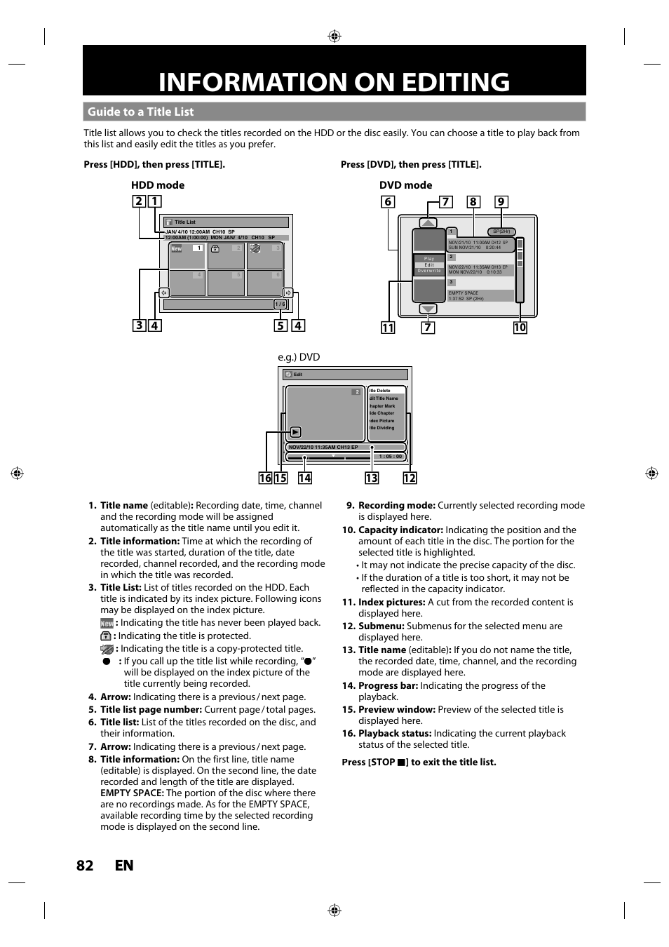 Information on editing, Guide to a title list, 82 en en | Philips MDR515H / F7 User Manual | Page 82 / 128