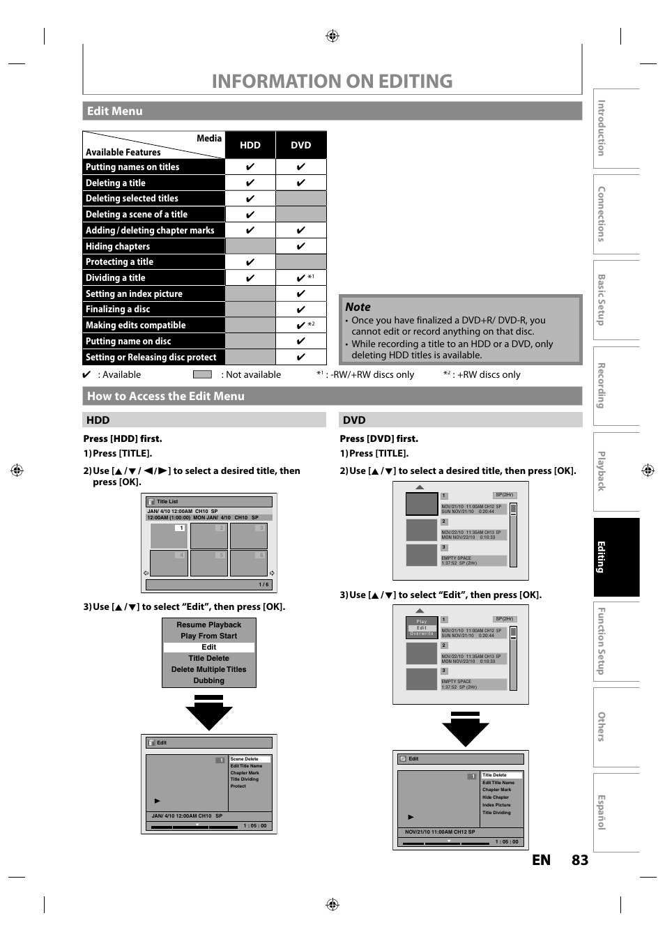 Edit menu, How to access the edit menu, Information on editing | 83 en en, Edit menu how to access the edit menu, Hdd dvd | Philips MDR515H / F7 User Manual | Page 83 / 128