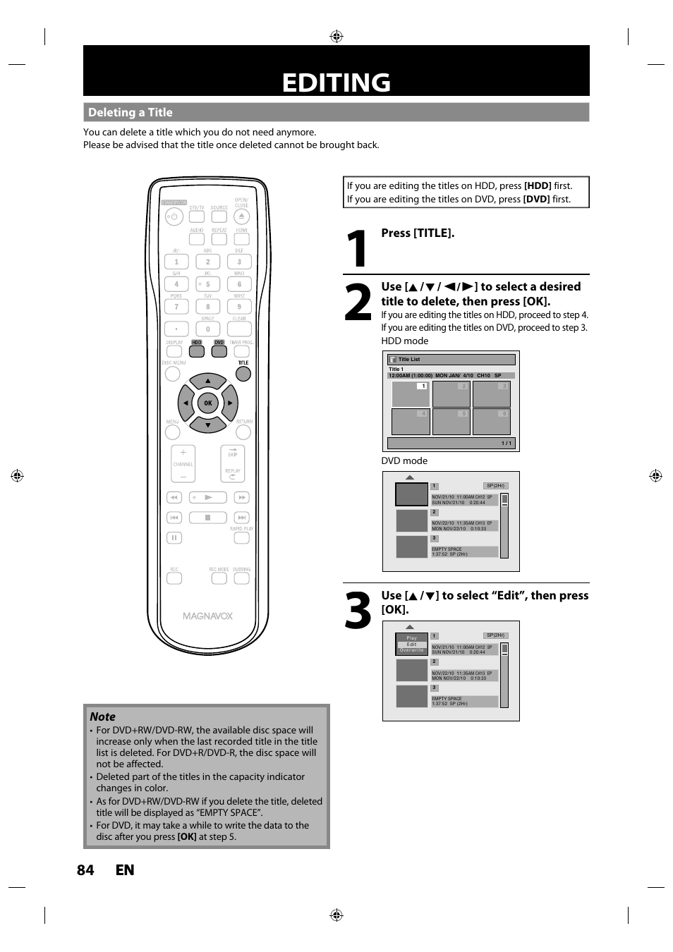 Editing, Deleting a title, 84 en en | Philips MDR515H / F7 User Manual | Page 84 / 128