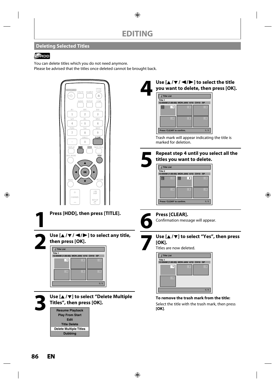 Deleting selected titles, Editing, 86 en en | Philips MDR515H / F7 User Manual | Page 86 / 128