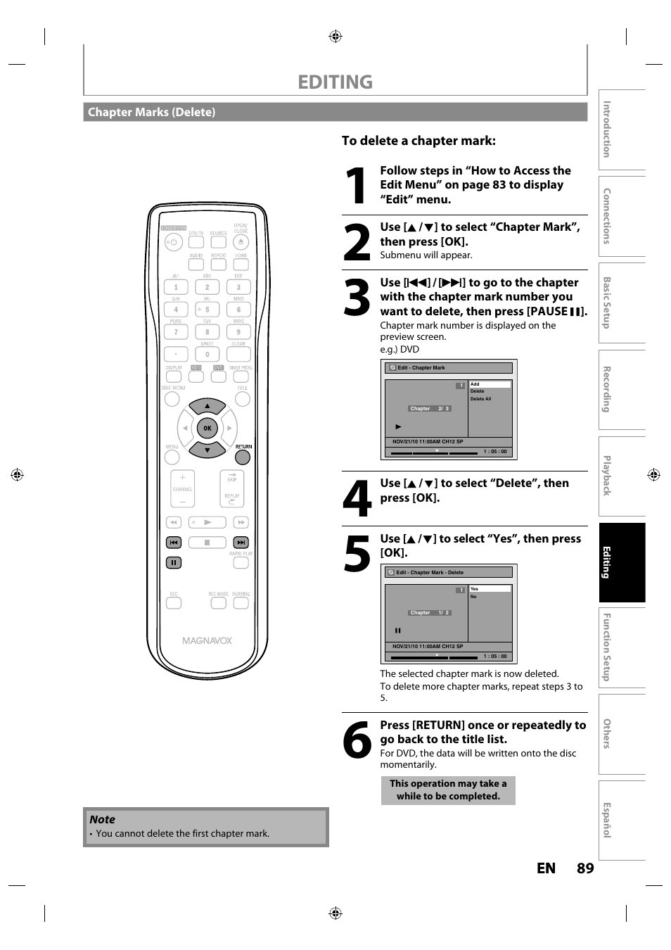 Chapter marks (delete), Editing | Philips MDR515H / F7 User Manual | Page 89 / 128