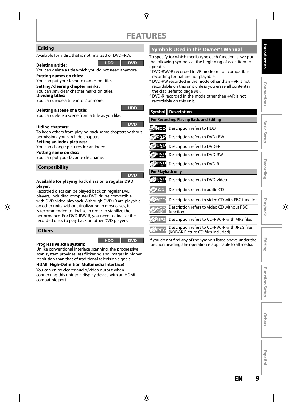 Symbols used in this owner’s manual, Features, 9en en | Philips MDR515H / F7 User Manual | Page 9 / 128