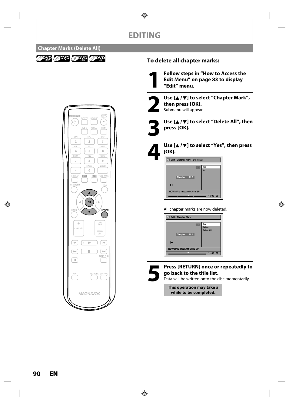 Chapter marks (delete all), Editing | Philips MDR515H / F7 User Manual | Page 90 / 128