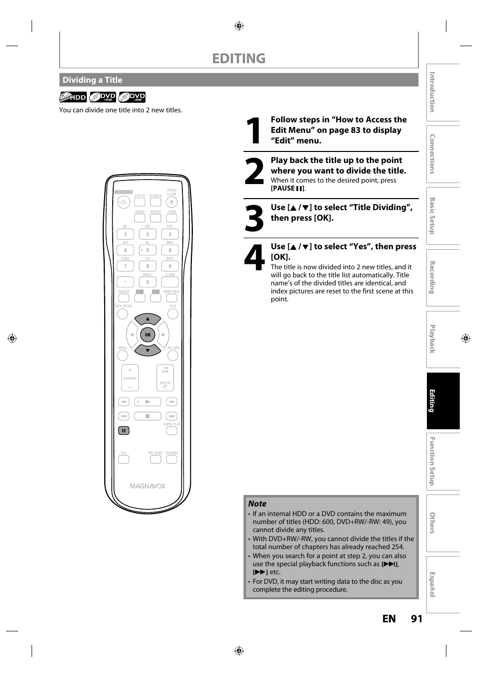 Dividing a title, Editing | Philips MDR515H / F7 User Manual | Page 91 / 128