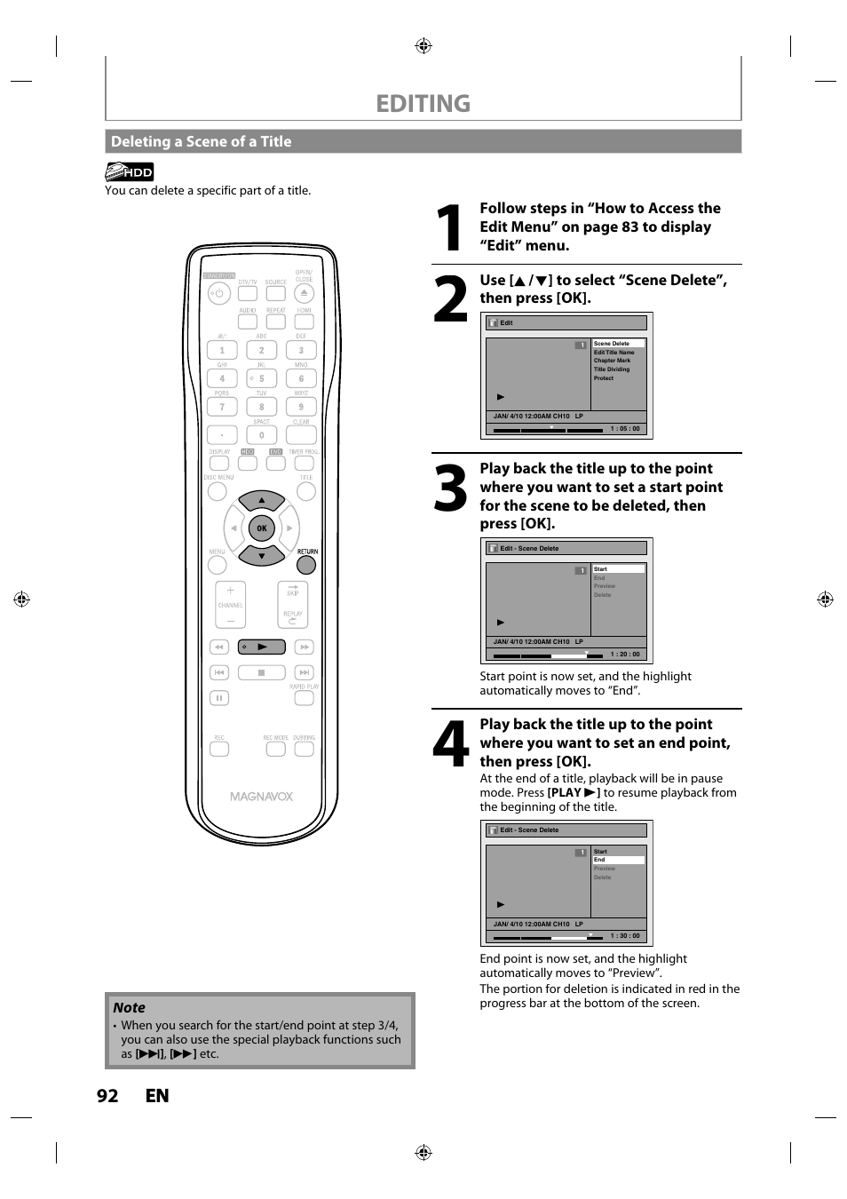 Deleting a scene of a title, Editing, 92 en en | Philips MDR515H / F7 User Manual | Page 92 / 128