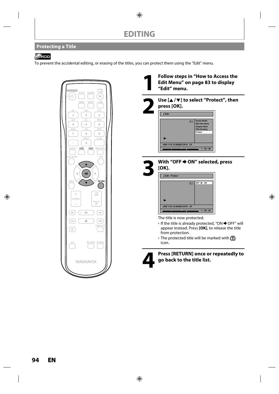 Protecting a title, Editing | Philips MDR515H / F7 User Manual | Page 94 / 128