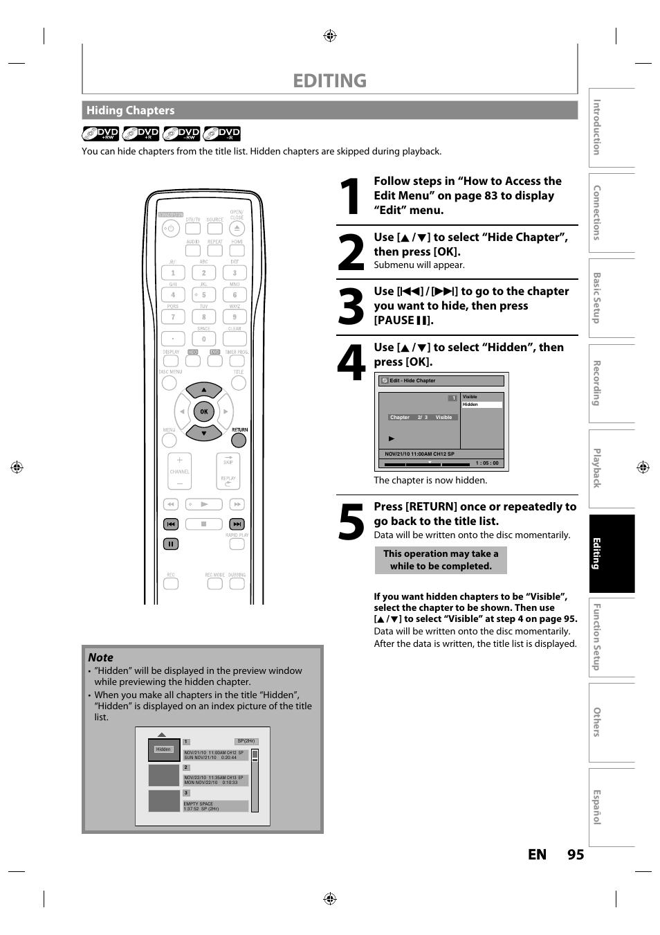 Hiding chapters, Editing | Philips MDR515H / F7 User Manual | Page 95 / 128