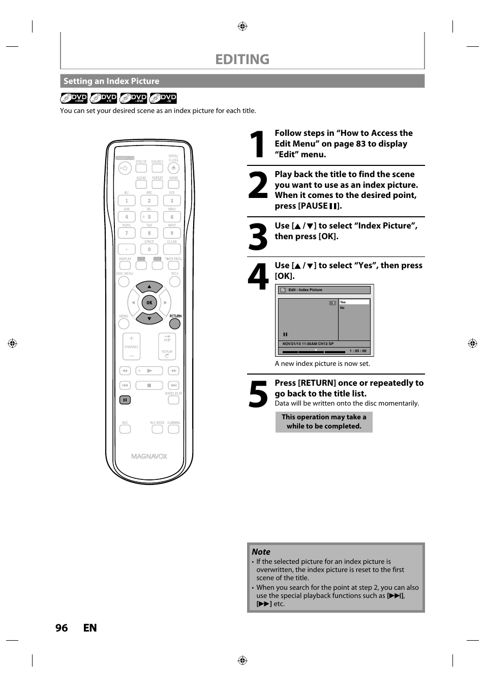 Setting an index picture, Editing | Philips MDR515H / F7 User Manual | Page 96 / 128