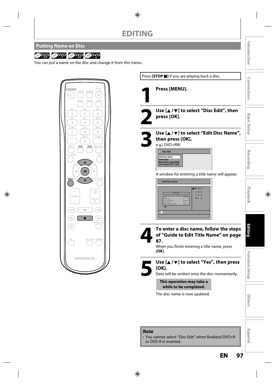 Putting name on disc, Editing, 97 en en | Philips MDR515H / F7 User Manual | Page 97 / 128