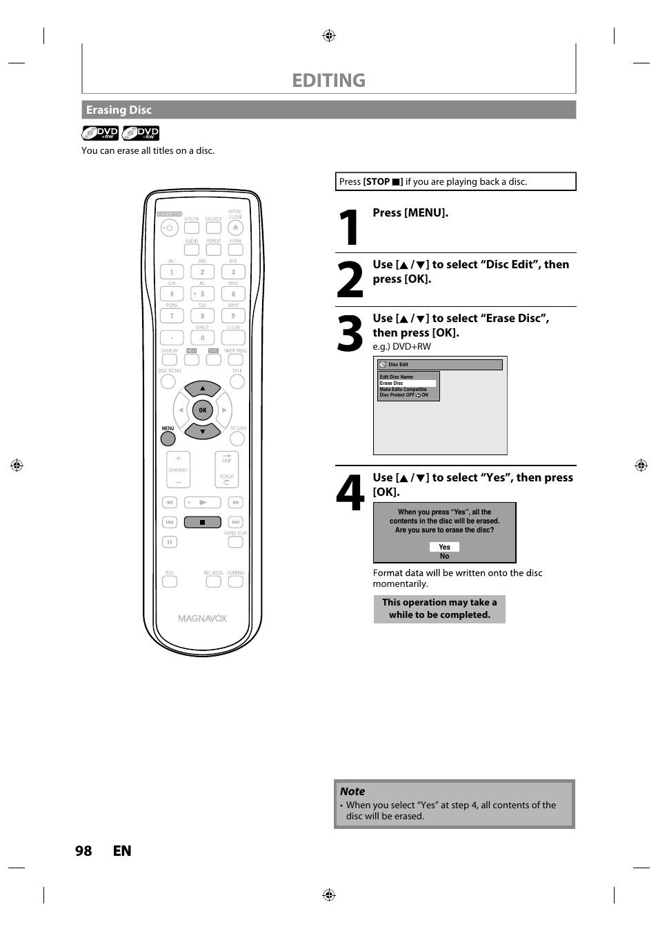 Erasing disc, Editing | Philips MDR515H / F7 User Manual | Page 98 / 128
