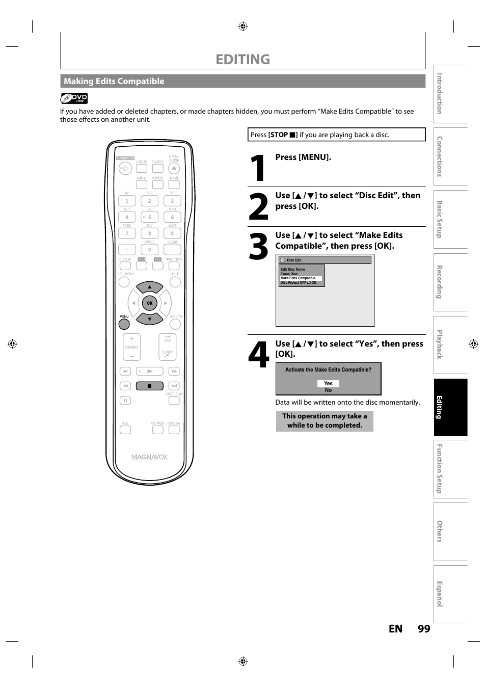 Making edits compatible, Editing | Philips MDR515H / F7 User Manual | Page 99 / 128