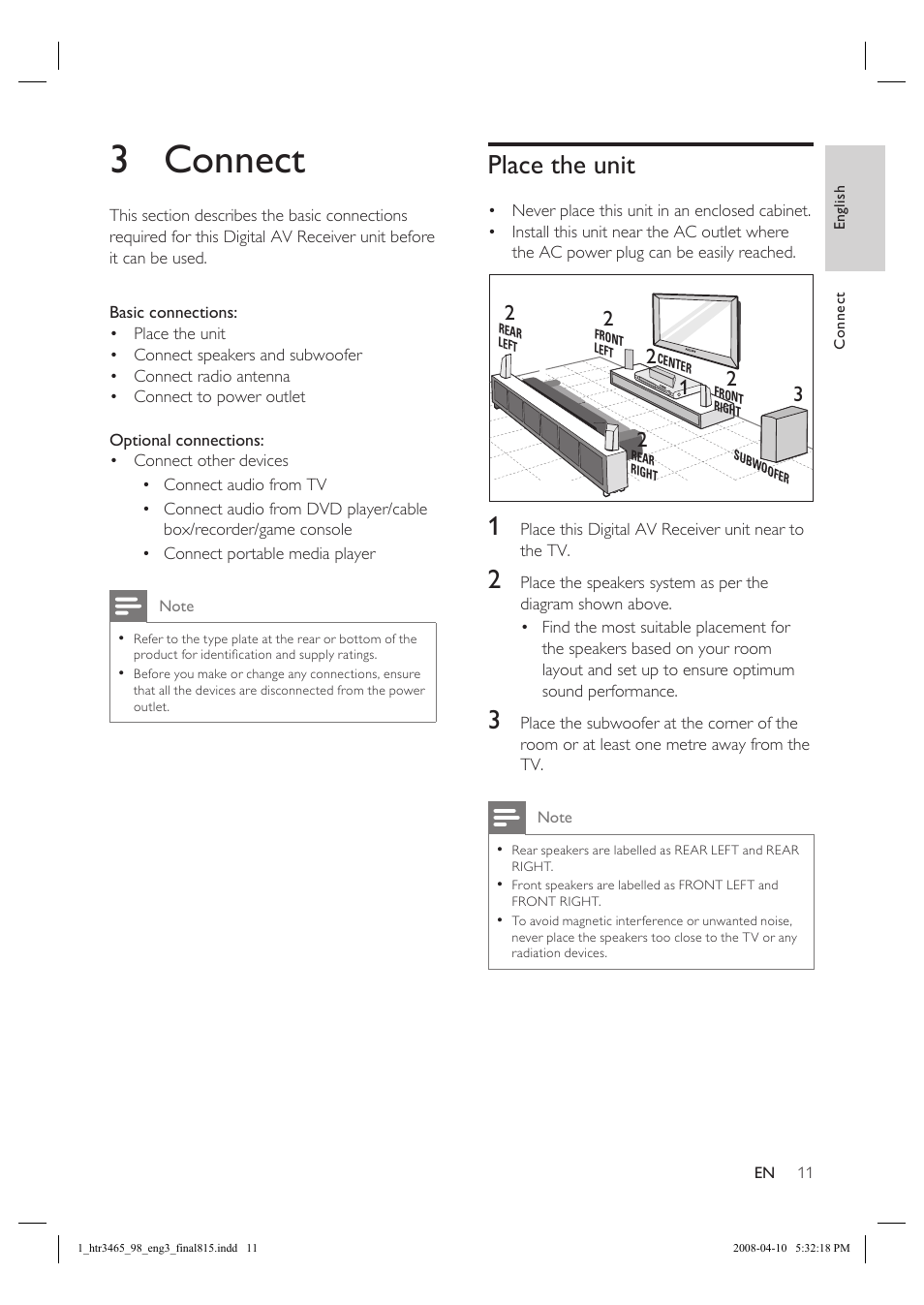 3 connect, Place the unit | Philips HTR3465 User Manual | Page 11 / 24