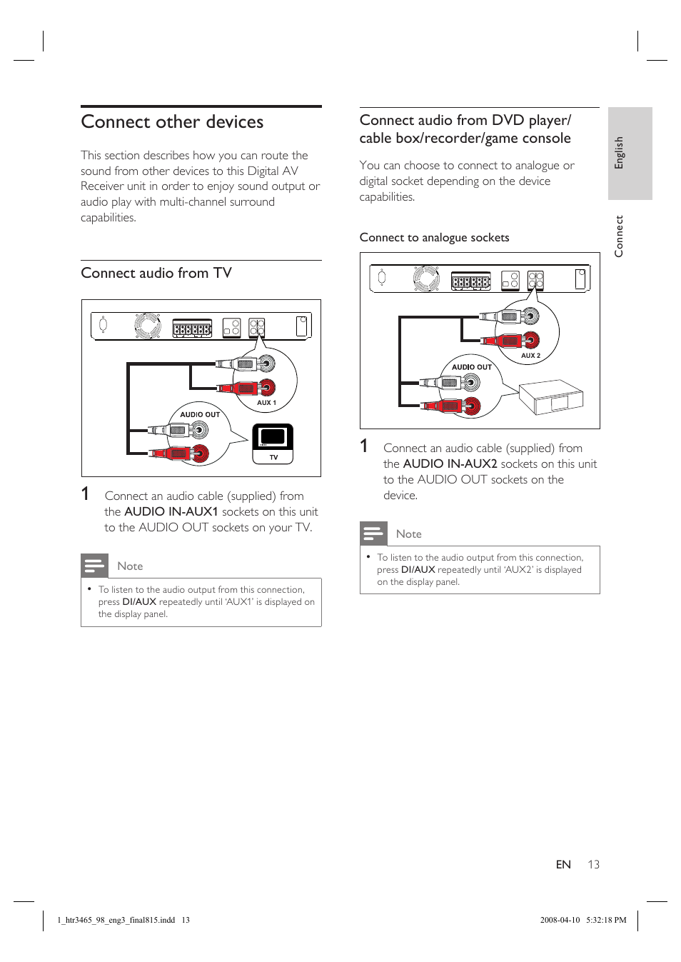 Connect other devices, Connect audio from tv | Philips HTR3465 User Manual | Page 13 / 24