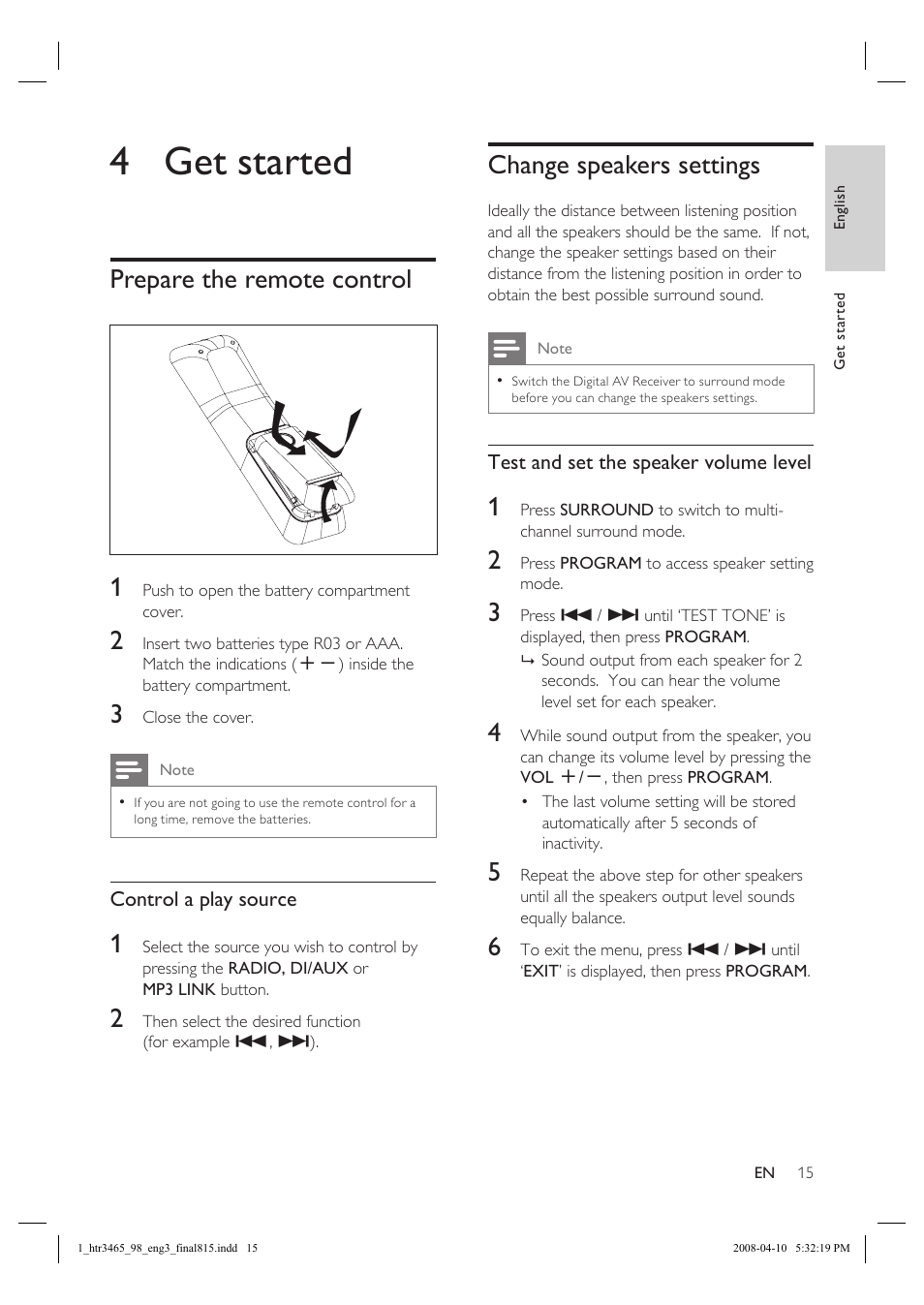 4 get started, Prepare the remote control 1, Change speakers settings | Philips HTR3465 User Manual | Page 15 / 24