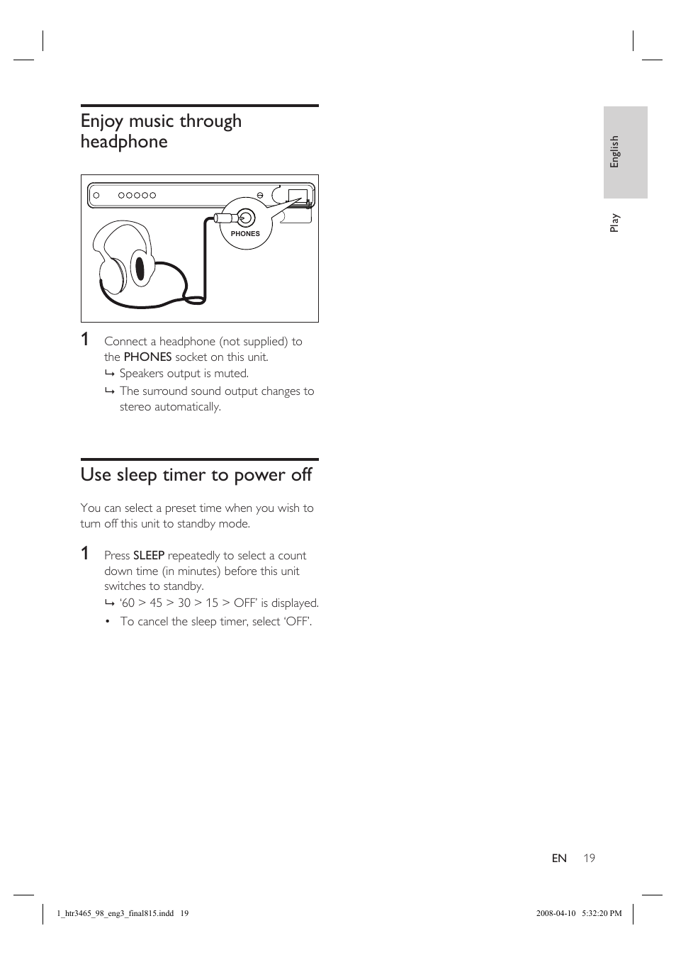 Enjoy music through headphone, Use sleep timer to power off | Philips HTR3465 User Manual | Page 19 / 24