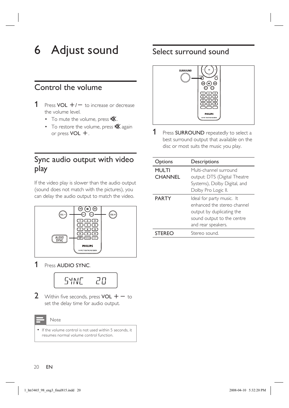 6 adjust sound, Control the volume 1, Sync audio output with video play | Select surround sound 1 | Philips HTR3465 User Manual | Page 20 / 24