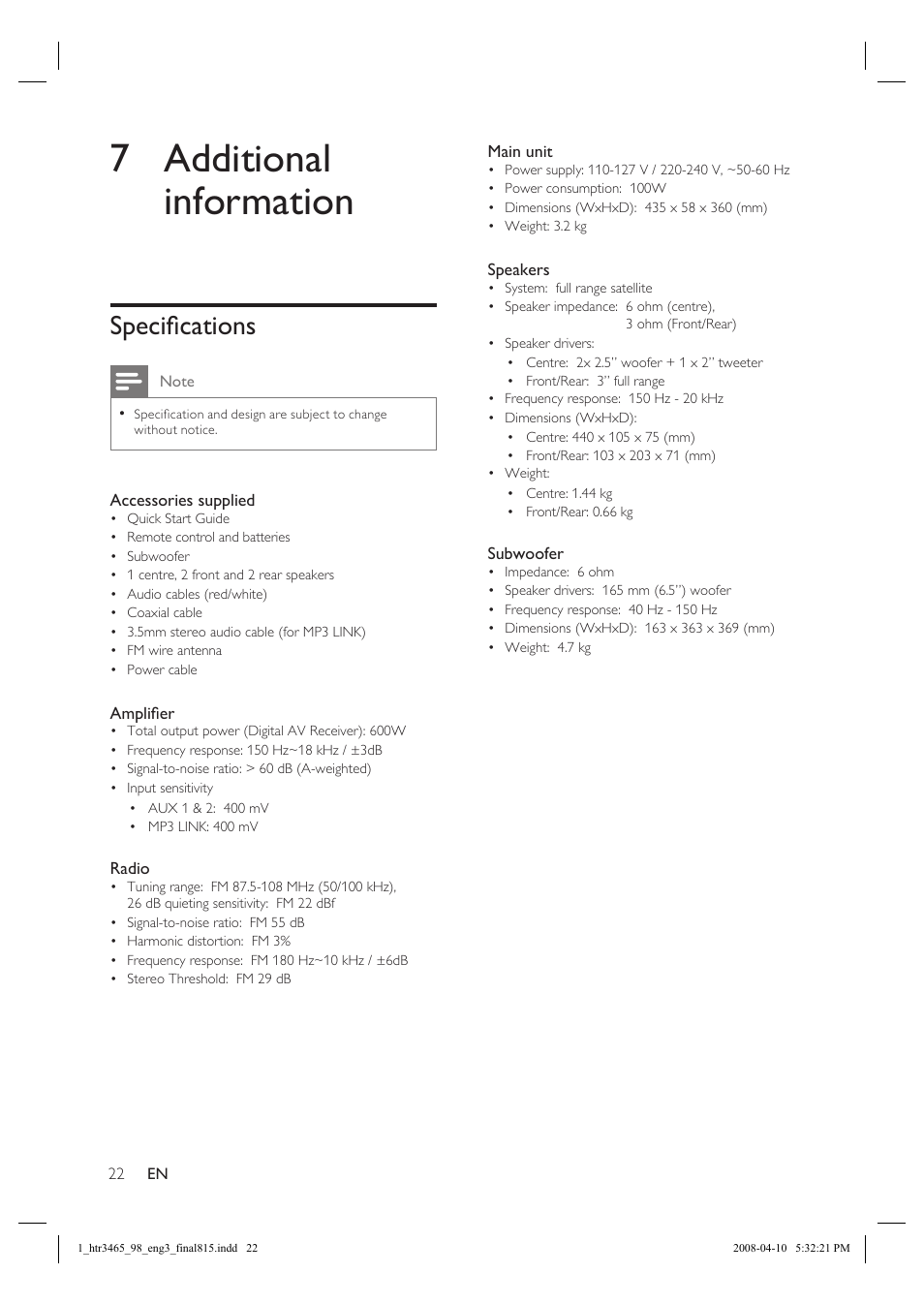 7 additional information, Specifi cations | Philips HTR3465 User Manual | Page 22 / 24