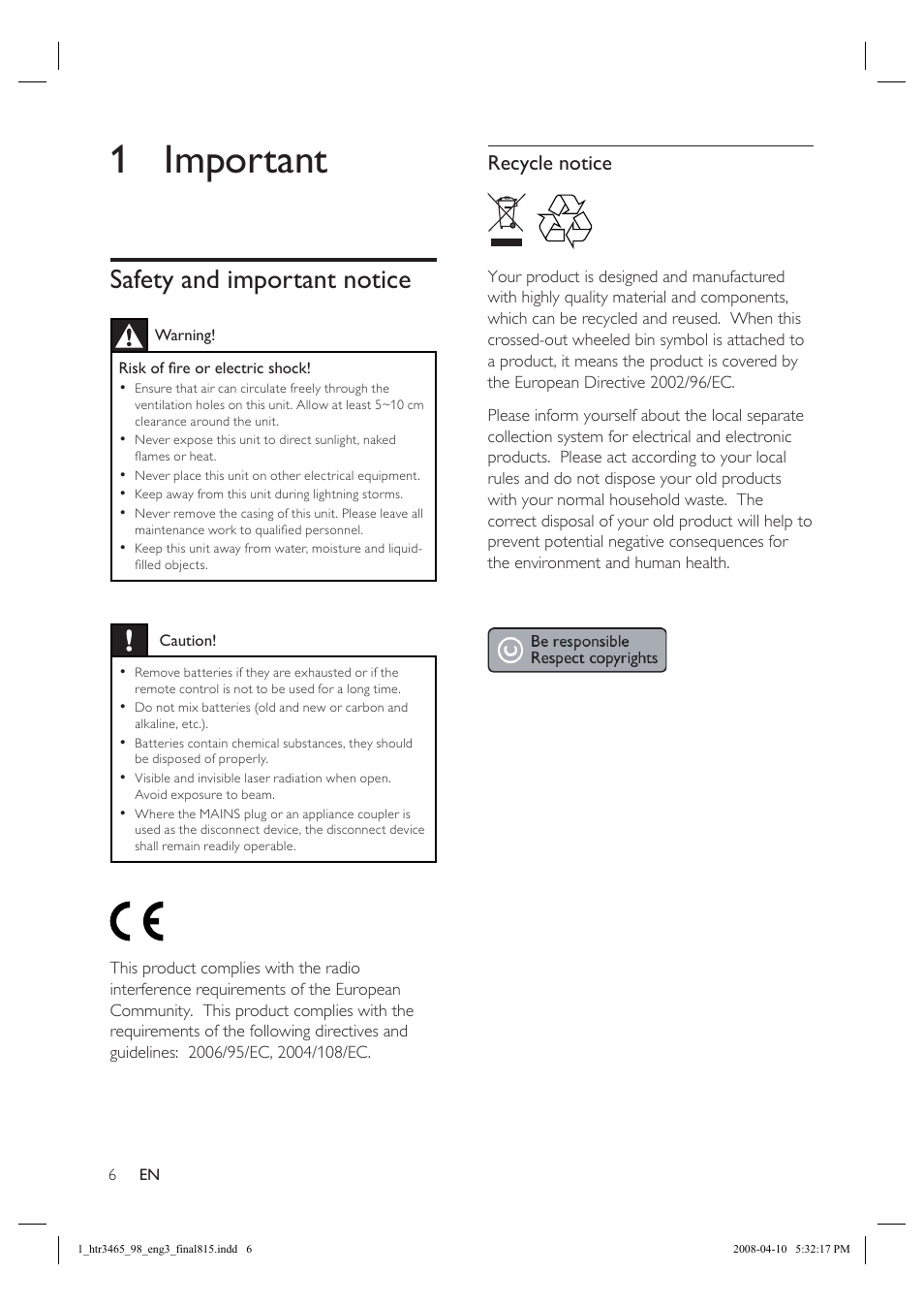 1 important, Safety and important notice, Recycle notice | Philips HTR3465 User Manual | Page 6 / 24