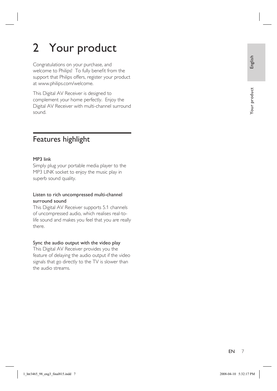 2 your product, Features highlight | Philips HTR3465 User Manual | Page 7 / 24