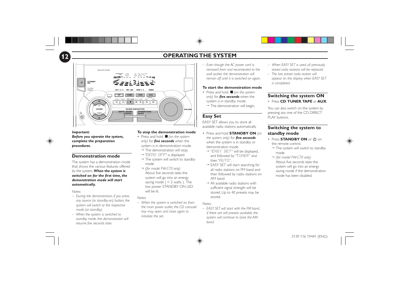 Operating the system, Demonstration mode, Easy set | Switching the system on, Switching the system to standby mode | Philips C70 User Manual | Page 12 / 28
