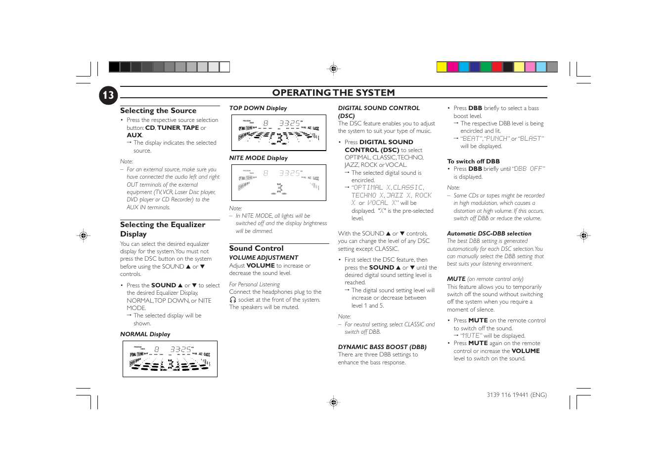 Operating the system, Selecting the source, Selecting the equalizer display | Sound control | Philips C70 User Manual | Page 13 / 28