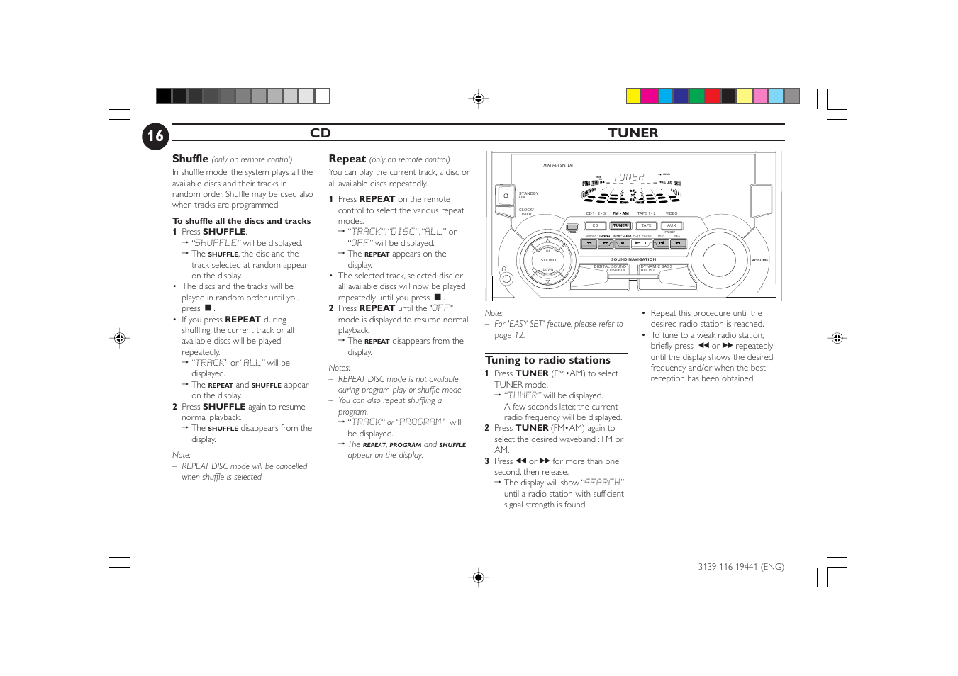 Cd tuner, Repeat, Shuffle | Tuning to radio stations | Philips C70 User Manual | Page 16 / 28