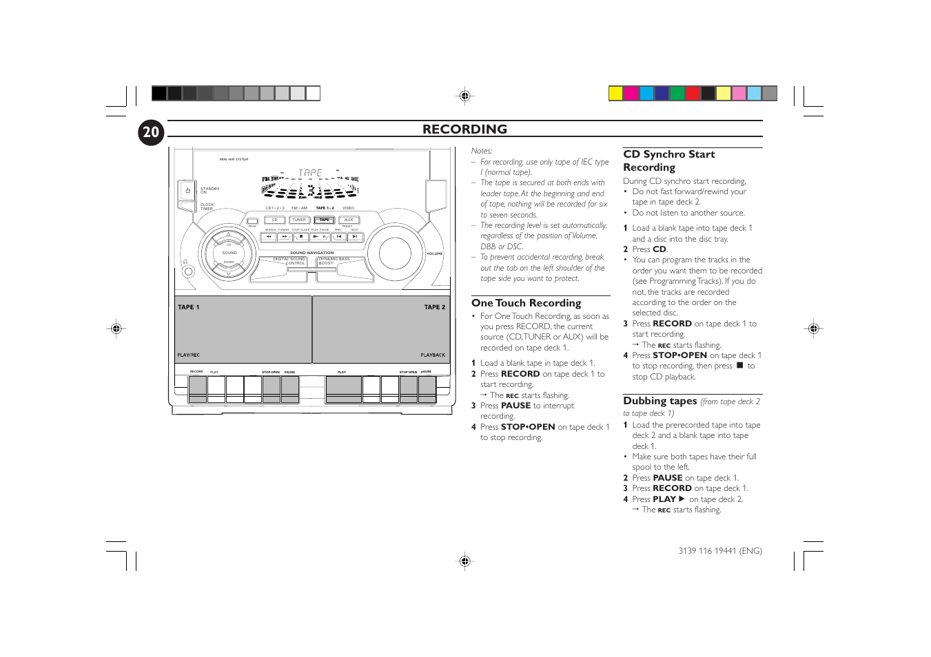 Recording, One touch recording, Cd synchro start recording | Dubbing tapes | Philips C70 User Manual | Page 20 / 28