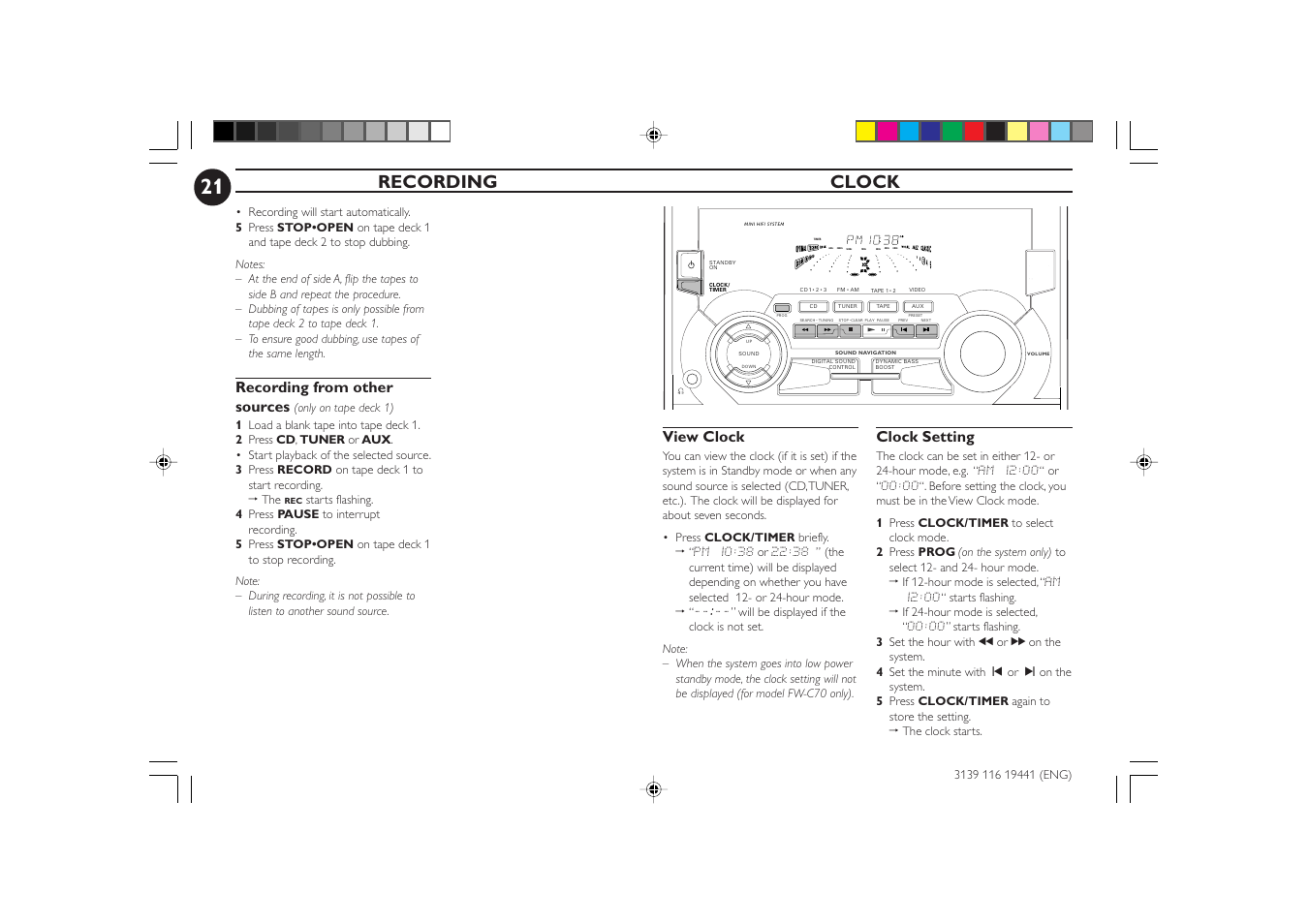 Recording clock, Recording from other sources, View clock | Clock setting | Philips C70 User Manual | Page 21 / 28