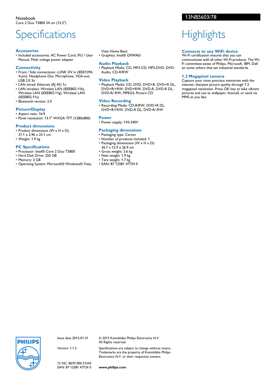 Specifications, Highlights | Philips 13NB5603 User Manual | Page 2 / 2