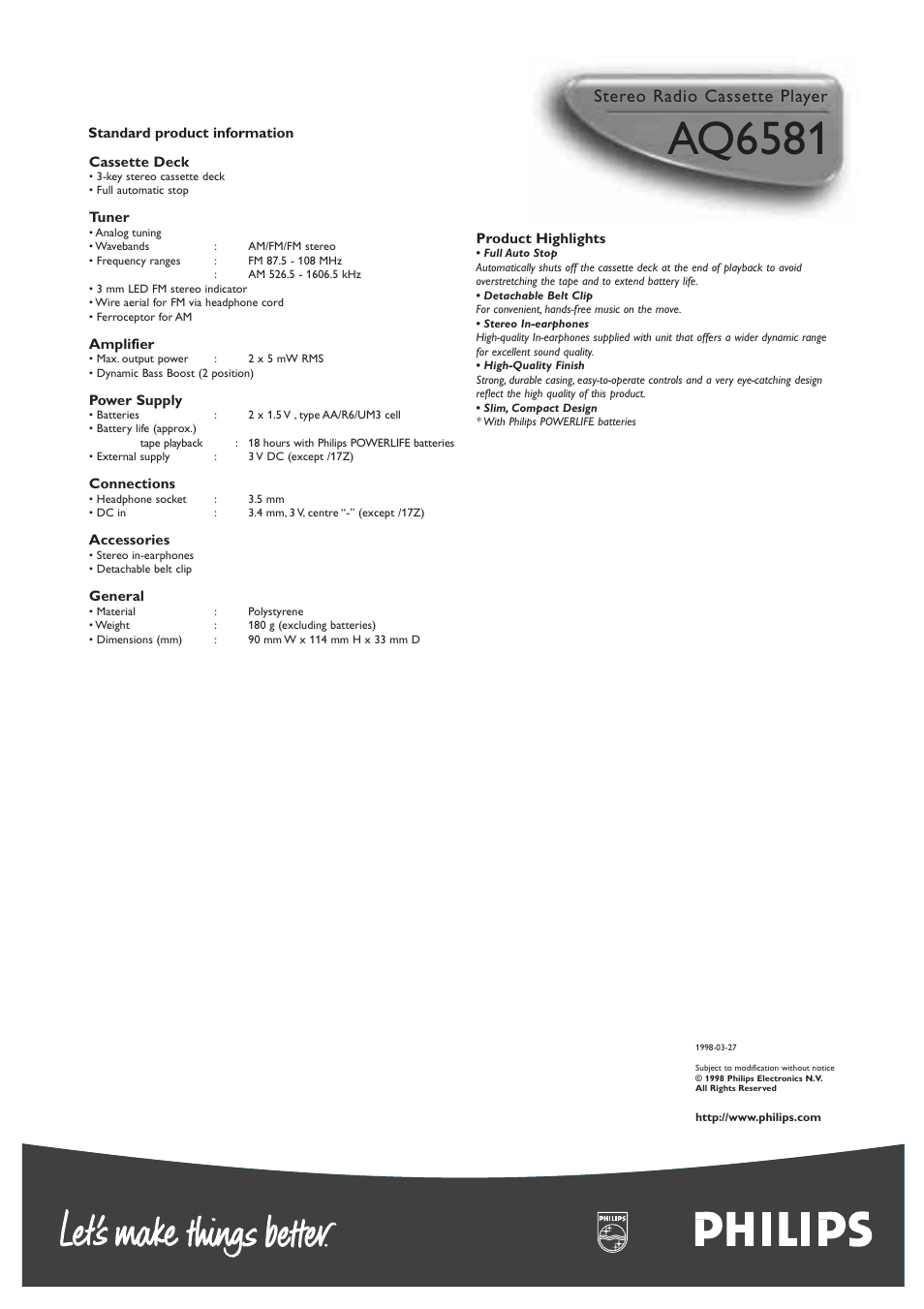 Aq6581, Stereo radio cassette player | Philips AQ6512/17Z User Manual | Page 2 / 2