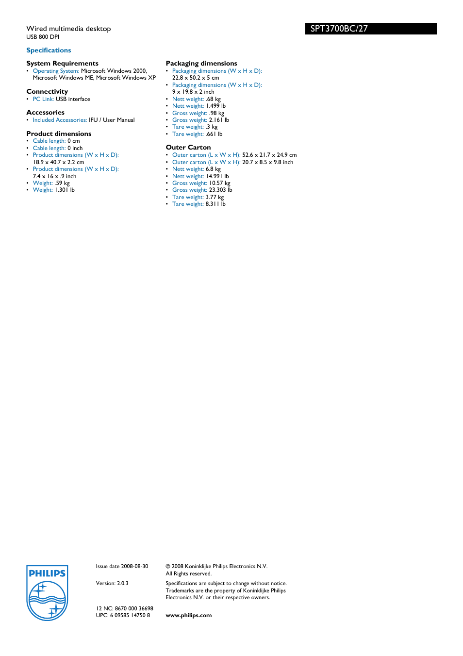 Philips SPT3700BC User Manual | Page 2 / 2