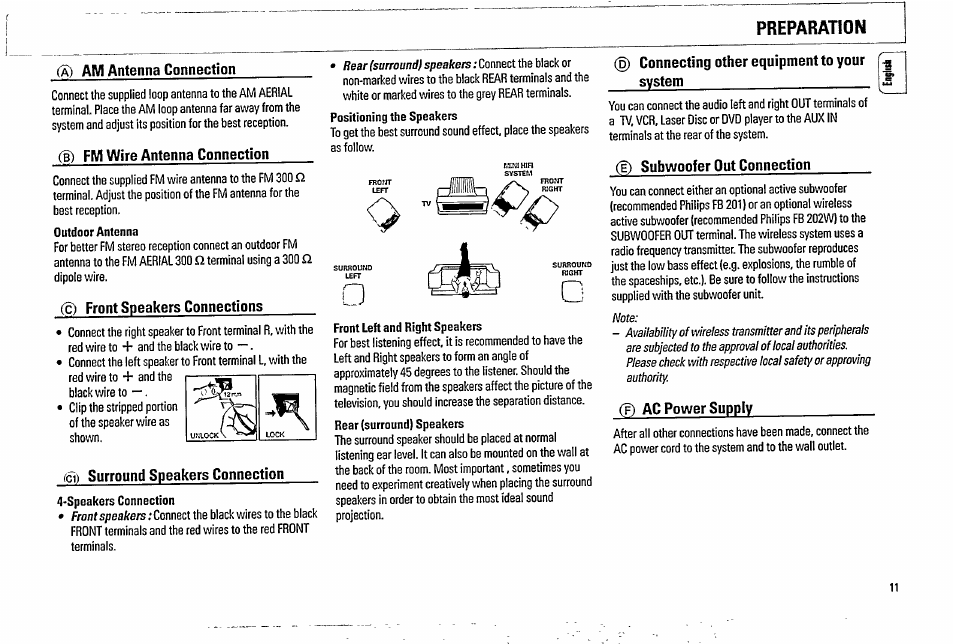 Rear (surround) speakers, Front speakers, Preparation | Unlock lock | Philips FW338C User Manual | Page 11 / 30