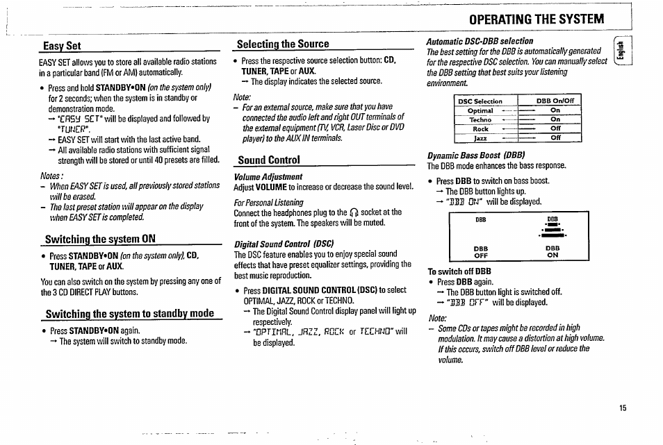 Easy set, Selecting the source, Switching the system on | Sound control, Switching the system to standby mode, Automatic dsc-dbb selection, Volume adjustment, Digital sound control (dsc), Dynamic bass boost (dbb), Ubs utj | Philips FW338C User Manual | Page 15 / 30