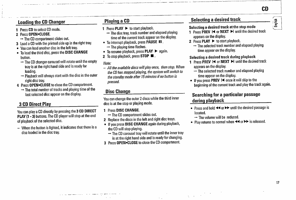 Loading the cd changer, Playing a cd, 3 cd direct play | Selecting a desired track, Searching for a particular passage during playback | Philips FW338C User Manual | Page 17 / 30