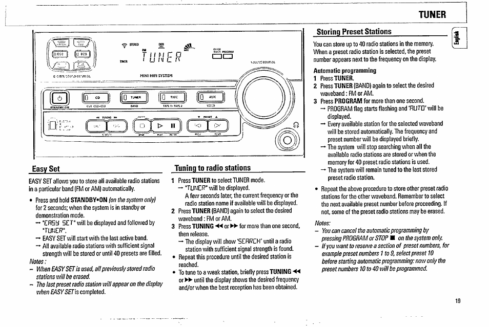 Storing preset stations, Tuner | Philips FW338C User Manual | Page 19 / 30