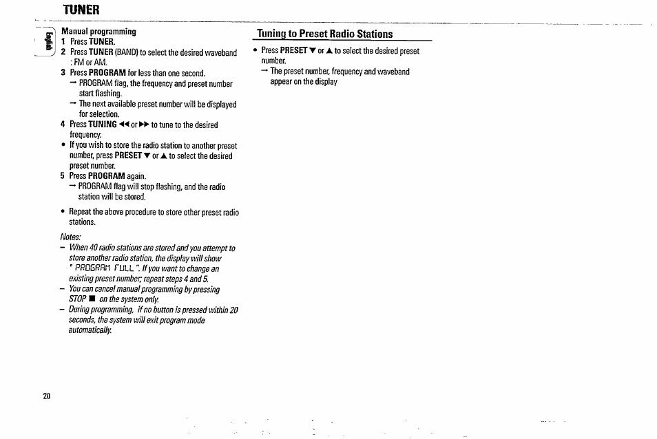 Tuning to preset radio stations, Tuner | Philips FW338C User Manual | Page 20 / 30